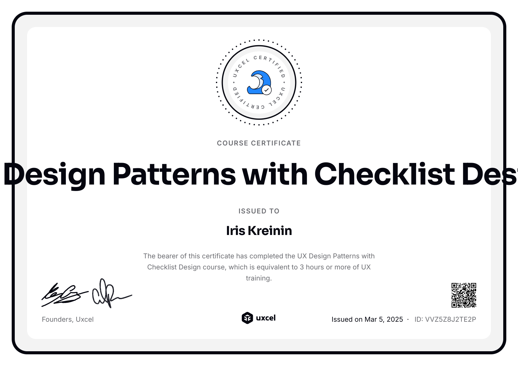 Iris Kreinin's certificate